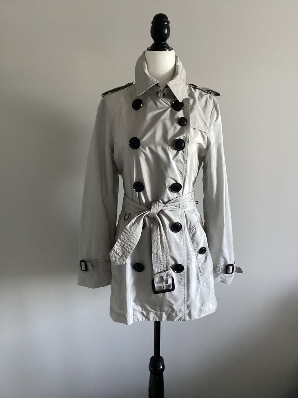 Burberry Brit Grey Nylon Trench Coat, Size 6